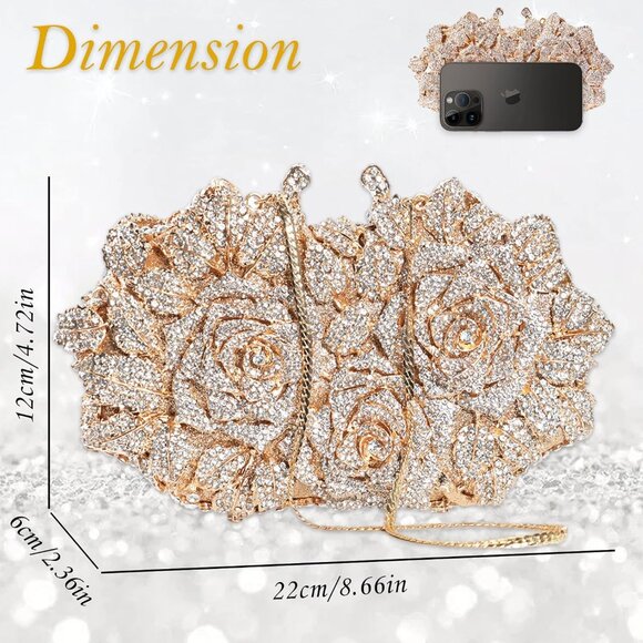 ⚡ Women's Rhinestone Sparkly Handmade Glitter Diamond Flower Gold Clutch Bag - Picture 5 of 6
